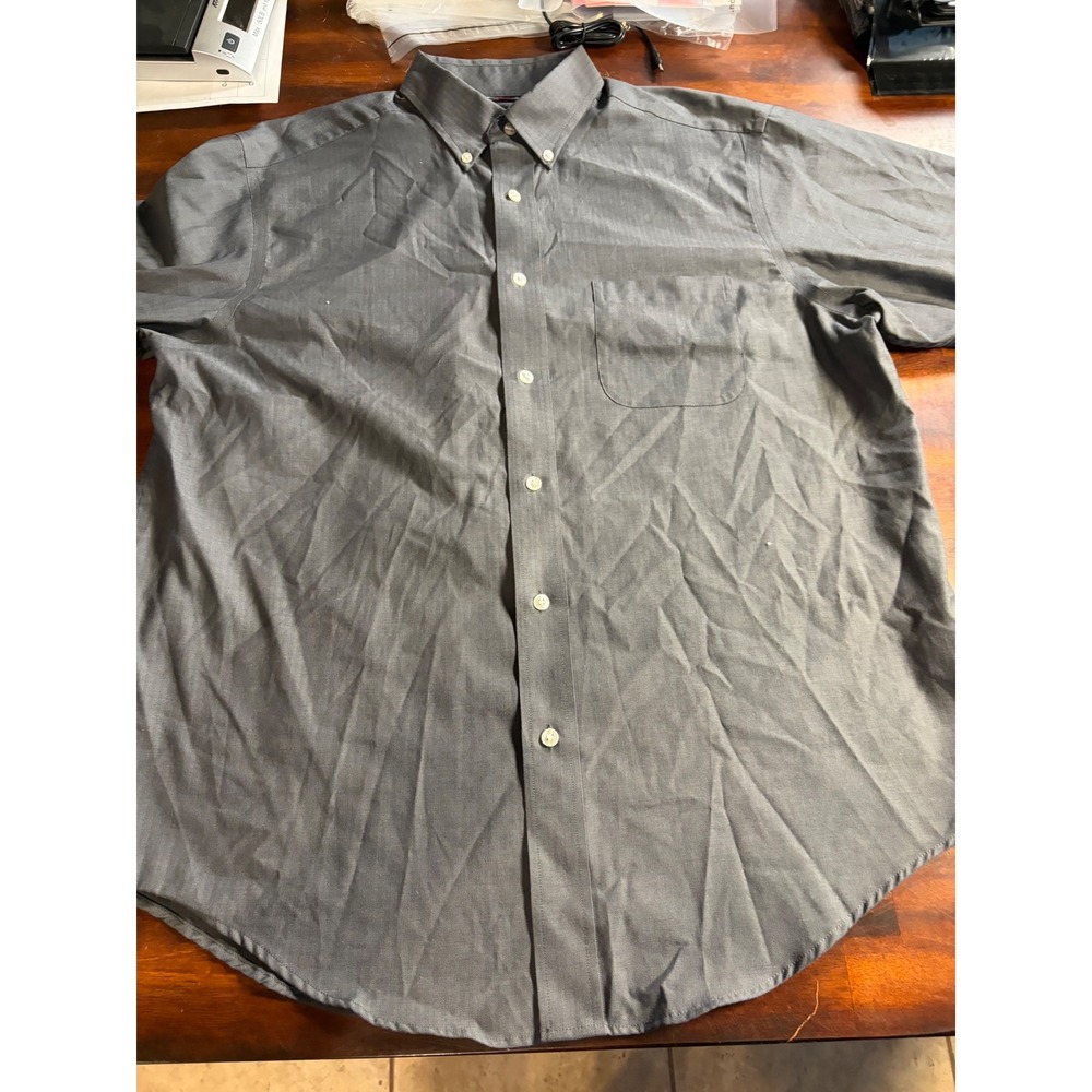 Roundree & Yorke TravelSmart Mens Gray Herringbone Short Sleeve Button Down L